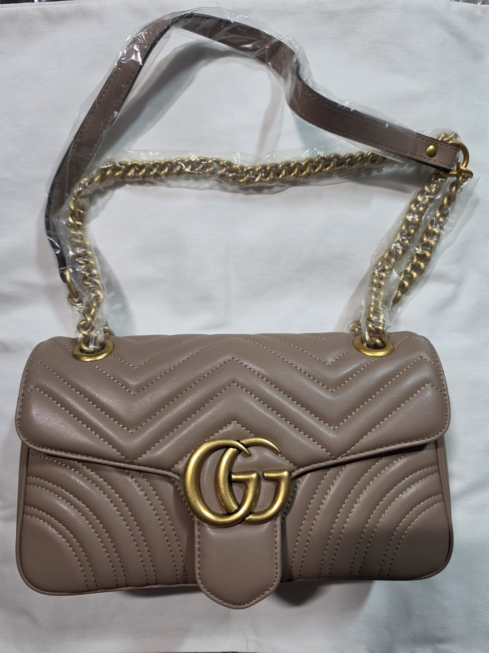 Taupe Quilted Shoulder Bag with Gold Hardware